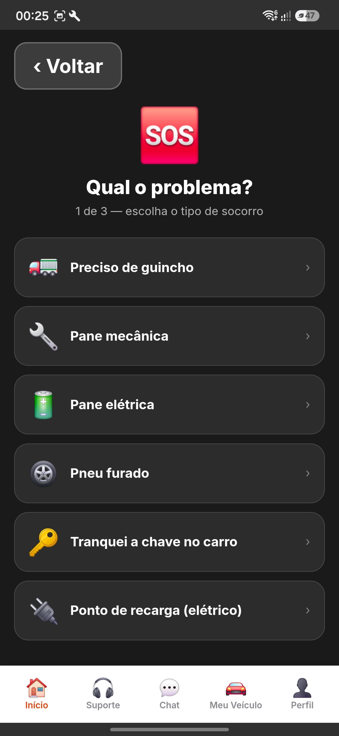 Tela de SOS do app iMotor com os tipos de socorro disponíveis